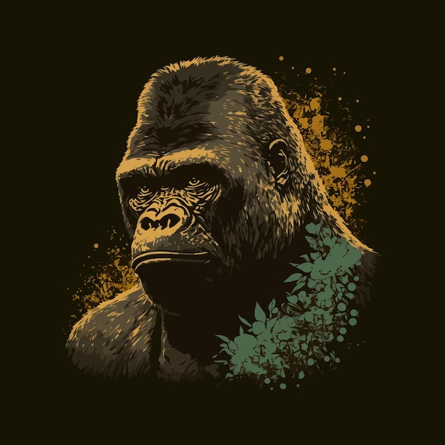 Gorilla sfondo nero primo piano giallo illuminazione giungla zoo forza urla leader re ringhio zanne pericolose cacciatore scimmia muscoloso selvaggio concetto artistico illustrazione vettoriale