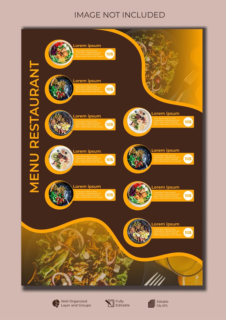 Vettore gradiente giallo layout del menu di un ristorante di cibo moderno modello di ritratto minimalista modificabile