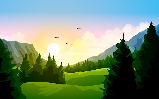 Gradiente paesaggio di alba di montagna con uccelli in volo