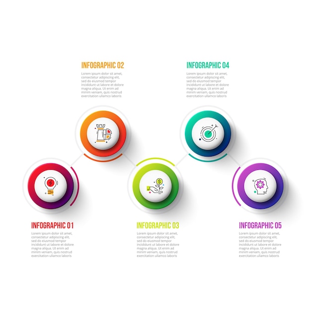 Gradienti elementi infografici di grafico, diagramma con 5 passaggi, opzioni, parti o processi.