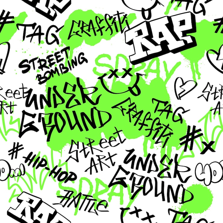 Vettore graffiti neri di strada senza cuciture elementi di scritte underground in stile grunge con tag