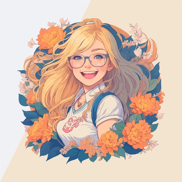 Grafica TShirt alla moda Ragazza bionda felice con occhiali e accenti di fiori illustrazione vettoriale