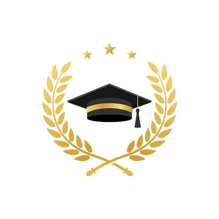 Vettore grafica vettoriale dell'università universitaria accademica del cappello di laurea in oro o del liceo con corona d'alloro