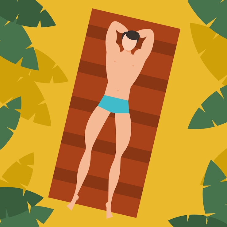 Vettore grafica vettoriale di un uomo che prende l'abbronzatura sulla spiaggia, isolato su sfondo bianco