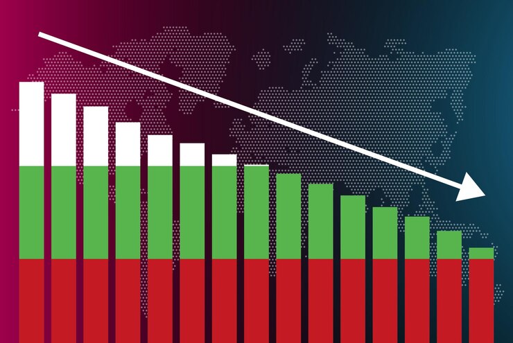 Vettore grafico a barre della bulgaria in diminuzione dei valori della crisi e del downgrade del banner delle notizie falliscono e diminuiscono