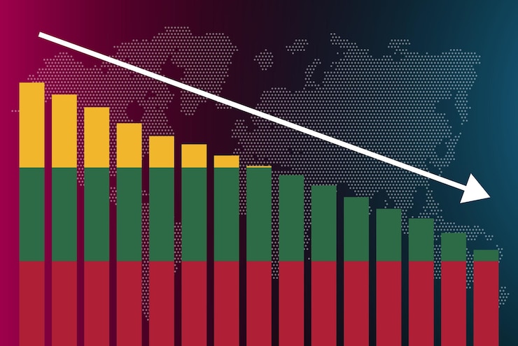 Vettore grafico a barre della lituania in diminuzione dei valori della crisi e del downgrade del banner delle notizie falliscono e diminuiscono