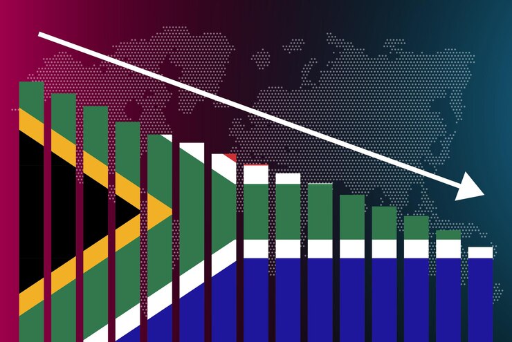 Vettore grafico del grafico a barre del sud africa, valori decrescenti crisi e downgrade del banner delle notizie