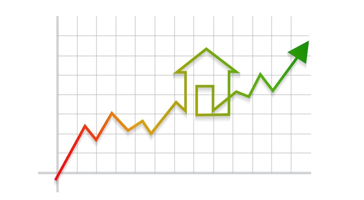 Vettore grafico dell'andamento del mercato immobiliare in borsa crescita e ottimismo negli investimenti aumento dei prezzi illustrazione vettoriale
