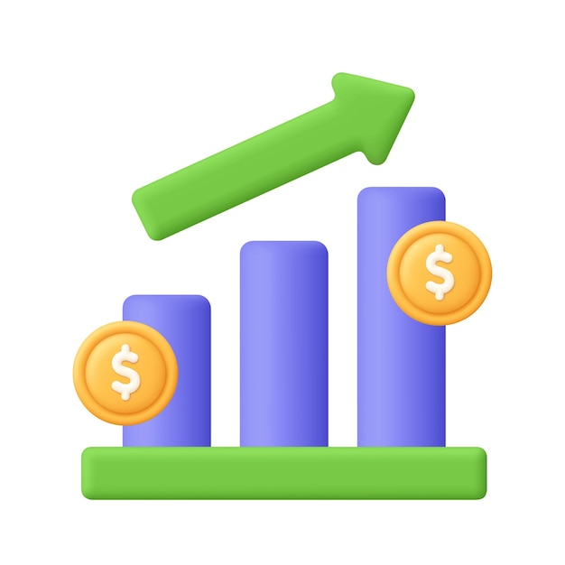 Grafico di crescita finanziaria con monete Grafico con barre e freccia crescente icona vettoriale 3D