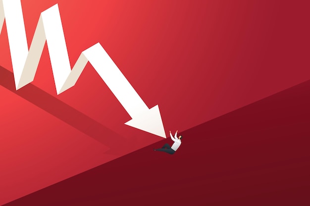 Grafico freccia giù che spinge un uomo d'affari da una scogliera Concetto di crisi economica e finanziaria