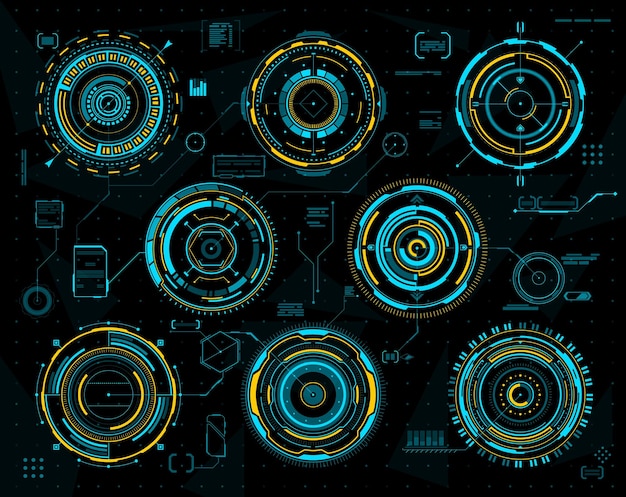 Grafico futuristico HUD, pannelli di interfaccia circolari. Radar tecnologici di fantascienza, diagrammi vettoriali futuristici di dati visivi con cerchi blu e gialli al neon, elementi dell'interfaccia utente di giochi per computer o obiettivi militari