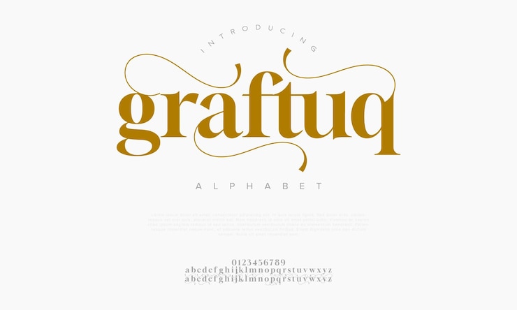 Vettore graftuq premium lusso elegante alfabeto lettere e numeri tipografia da matrimonio font serif classico