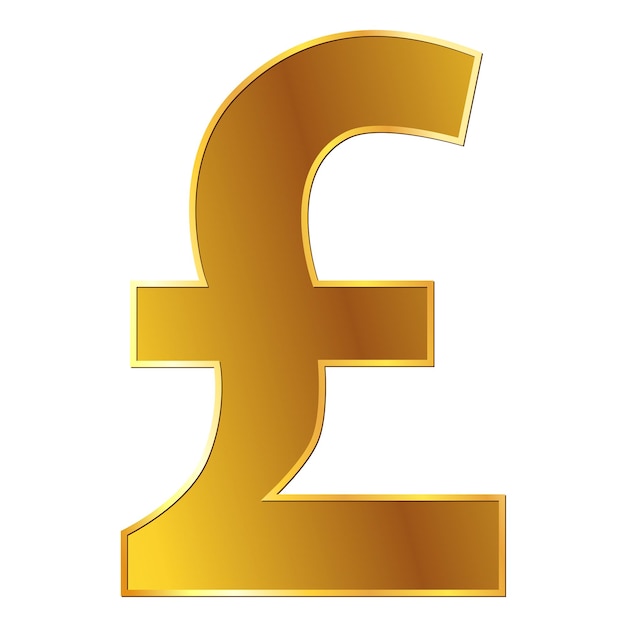 Gran Bretagna sterlina GBP valuta segno d'oro nella vista frontale isolata su sfondo bianco Valuta dalla Banca centrale del Regno Unito