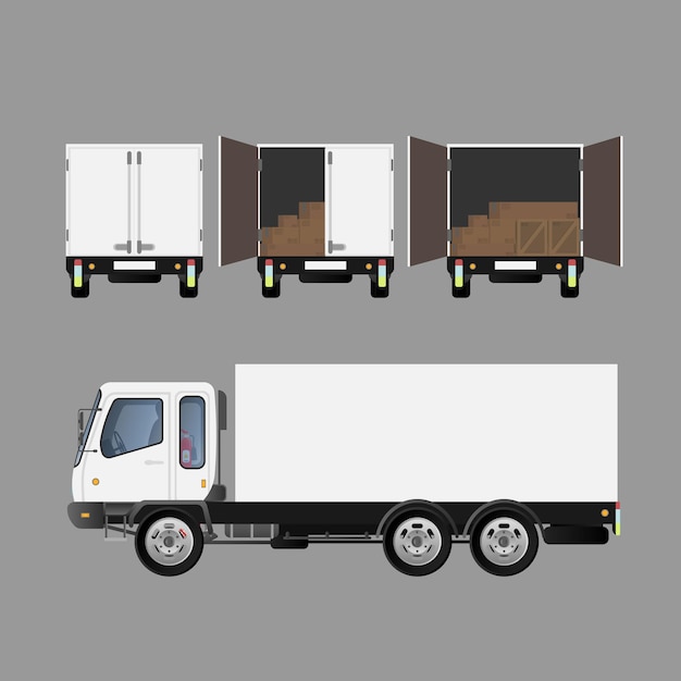 Grande camion bianco da diverse parti. Elemento di design sul tema del trasporto e della consegna delle merci. Isolato. .