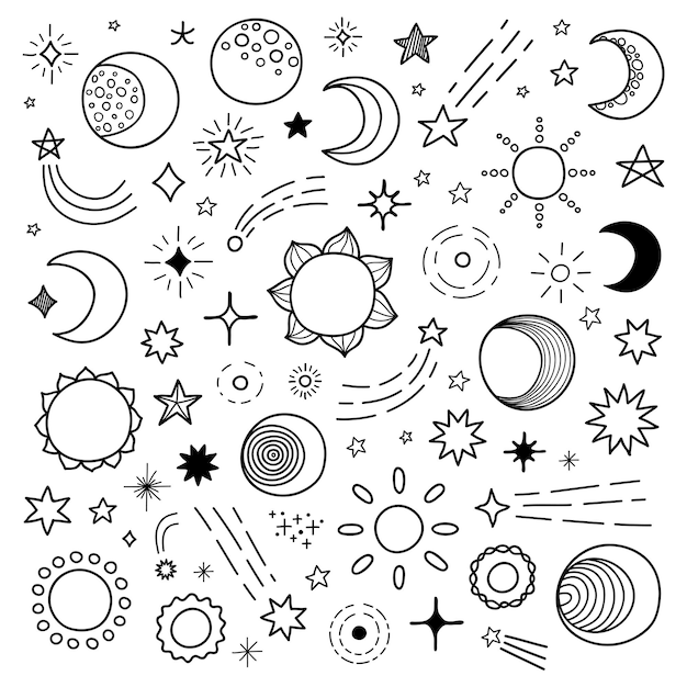 Grande collezione di stelle a contorno disegnate a mano sole e luna isolati su sfondo bianco