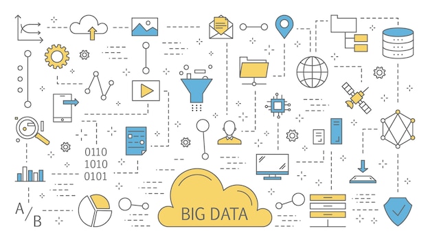 Grande concetto di dati. Moderna tecnologia informatica. Analizzare le informazioni digitali da Internet e prendere decisioni aziendali migliori. Set di icone di linea. illustrazione