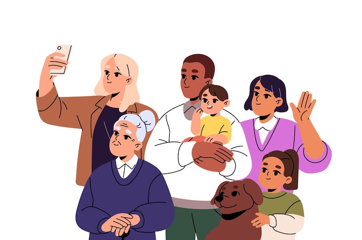 Vettore grande famiglia sorride prendendo un selfie con il cane diverse generazioni di bambini genitori nonna fanno una foto congiunta persone felici fotografia insieme illustrazione vettoriale isolata piatta su sfondo bianco
