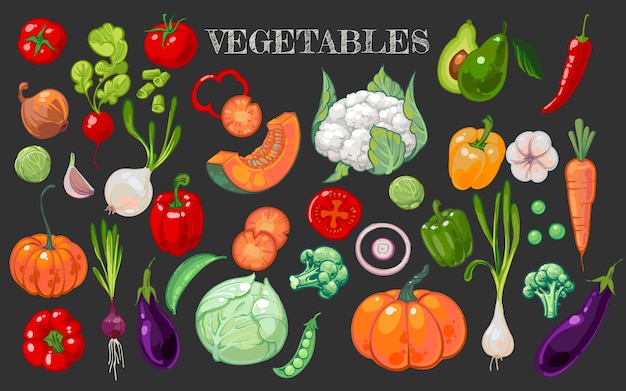 Grande insieme con verdure sane disegnate a mano isolate