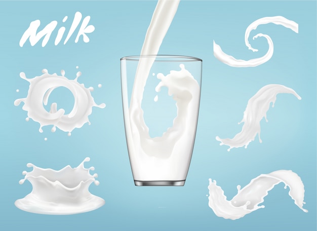 grande insieme del latte intero, versando e schizzando 3d illustrazione realistica, elementi di design del prodotto di diario