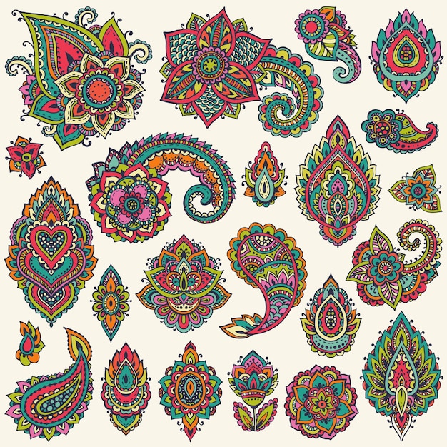 Grande insieme di elementi colorati basati su ornamenti asiatici tradizionali. Paisley Mehndi