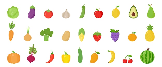 Grande insieme di frutta e verdura colorate simpatico cartone animato. Raccolta di illustrazioni.