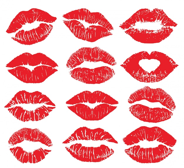 Grande insieme isolato stampa di bacio del rossetto. set di labbra rosse. Diverse forme di labbra rosse sexy femminili. Trucco labbra sexy, bocca bacio. Bocca femminile. Stampa del bacio delle labbra