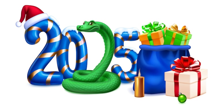 Vettore grande numero stilizzato blu 2025 spruzzato di neve in cima con un design festivo di canna di caramelle di natale con un serpente verde un cappello di babbo natale e una borsa di regali con ombre morbide su uno sfondo bianco