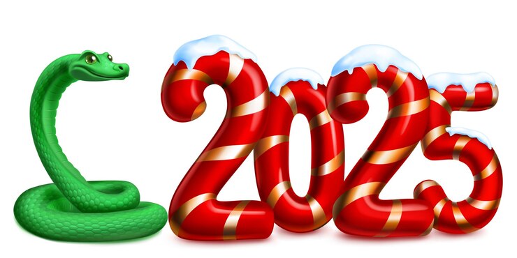 Vettore grande numero stilizzato rosso 2025 spruzzato di neve in cima con un design natalizio festivo che ricorda una canna da caramelle e un serpente verde con ombra morbida su uno sfondo bianco
