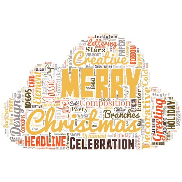 Grande nuvola di parole con parole Merry Christmas Tradizione annuale per celebrare la nascita di Gesù Cristo