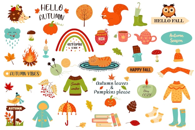 Grande set autunnale. Elementi disegnati a mano: citazioni, foglie autunnali, animali della foresta, cose accoglienti.