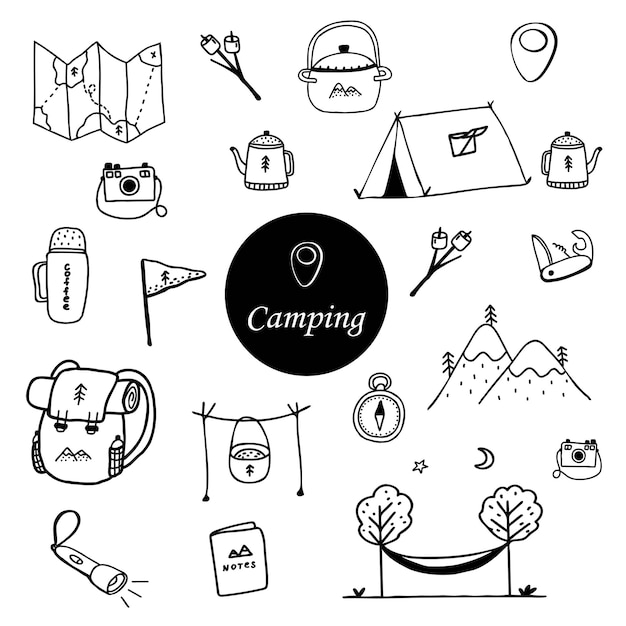 Grande set di clip art per falò vettoriali disegnati a mano. Illustrazioni di alta qualità