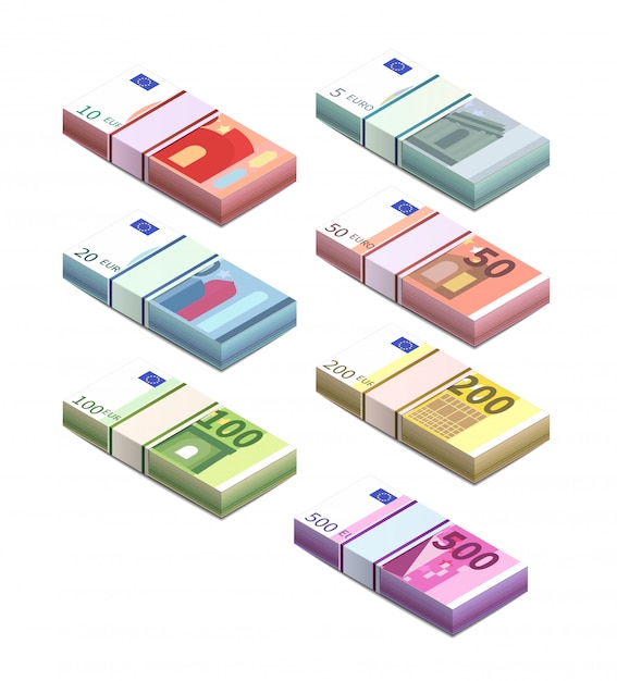 Grande set di diverse banconote in euro in pile in vista isometrica. Cinque, dieci, venti, cinquanta, cento, duecento e cinquecento pile di note su bianco