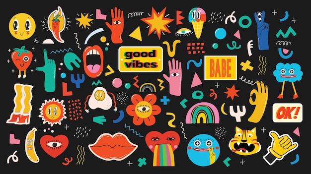 Grande set di diverse illustrazioni vettoriali colorate per poster in Cartoon Flat design Forme astratte disegnate a mano facce diverse texture elementi greci divertenti personaggi dei fumetti