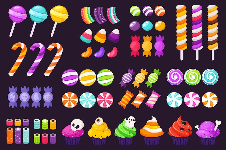 Vettore grande set di dolci e caramelle di halloween. cupcakes di halloween. in stile piatto.