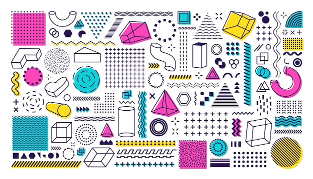 Grande set di forme geometriche in stile Memphis Elementi retrò alla moda da utilizzare nella progettazione grafica Disegno di forme geometriche vettoriali