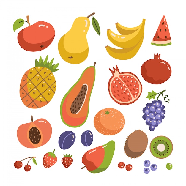 Grande set di frutta. Moderno design piatto vactor. Oggetti isolati. Icone di frutta. collezione di illustrazioni disegnate a mano.