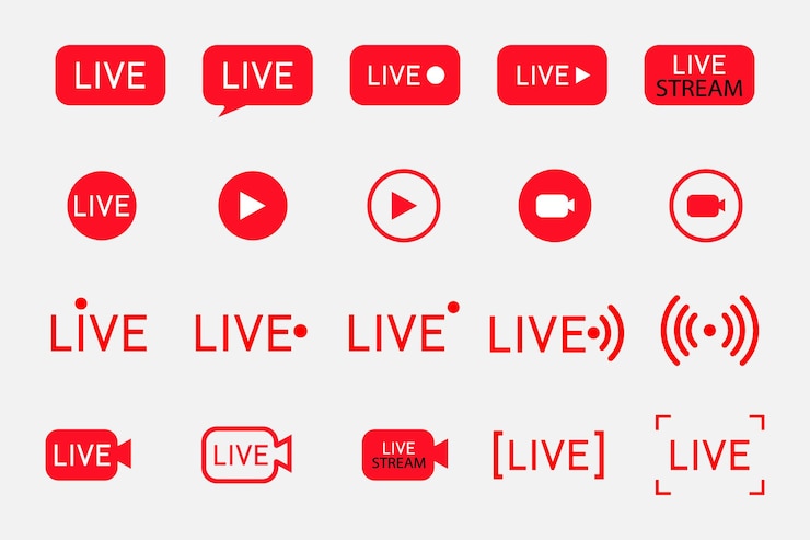 Vettore grande set di icone vettoriali di streaming dal vivo simboli e pulsanti rossi per la trasmissione in diretta