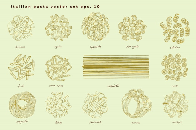 Grande set di pasta italiana. Fettuccine, conchiglie, fusilli, cellentani, vermicelli, tagliatelle pipe rigate ruote maccheroni penne farfalle spaghetti