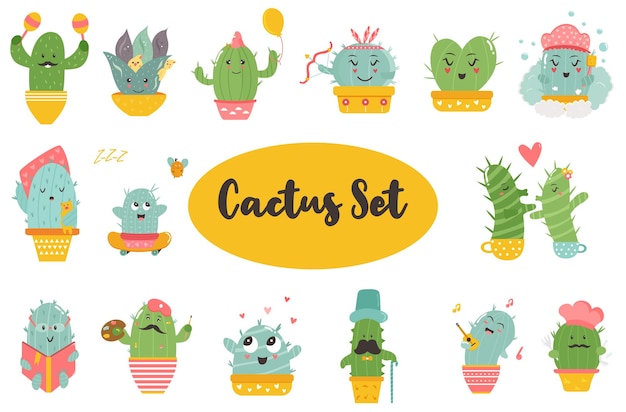 Grande set di personaggi di cactus divertenti. Diverse pose e azioni. Illustrazione vettoriale di piante grasse kawaii