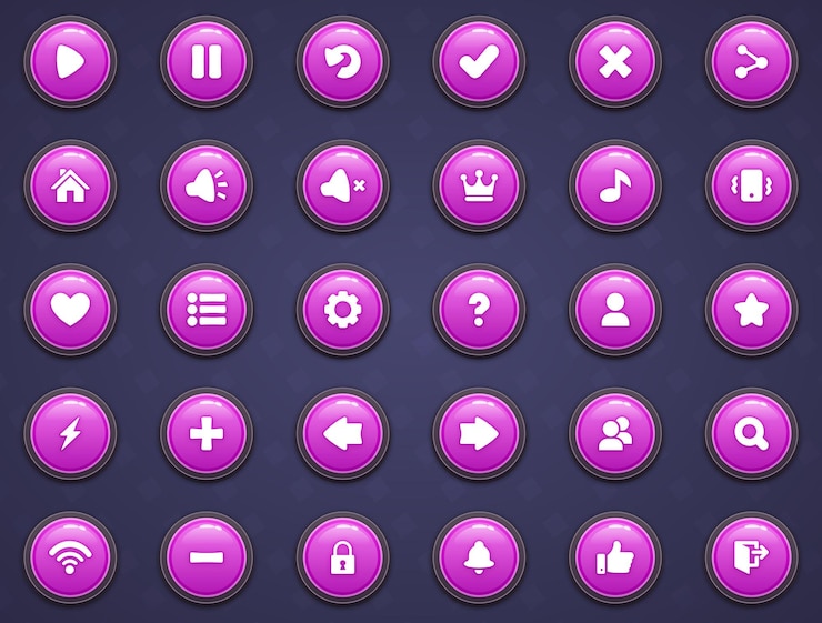 Vettore grande set di pulsanti viola in stile cartone animato gui per costruire giochi 2d kit di pulsanti casuali di cartoni animati