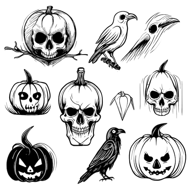 Grande set di sagome di schizzi di Halloween su un'illustrazione vettoriale di sfondo bianco corvo di zucca e