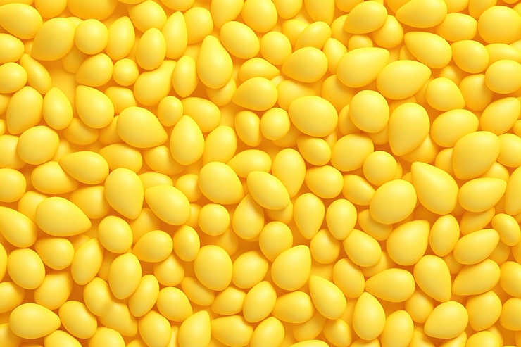 Vettore grani di senape chiudere piccole palle gialle di spezie in dettaglio in una pentola di vetro