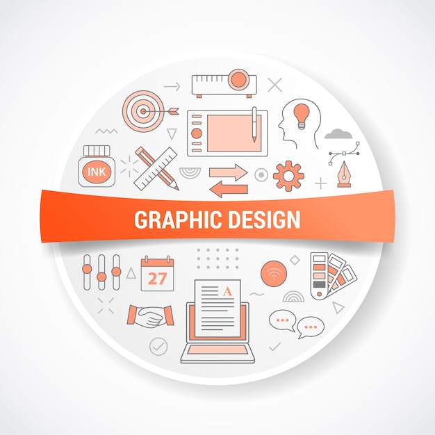 Graphic designer con il concetto di icona con forma rotonda o circolare