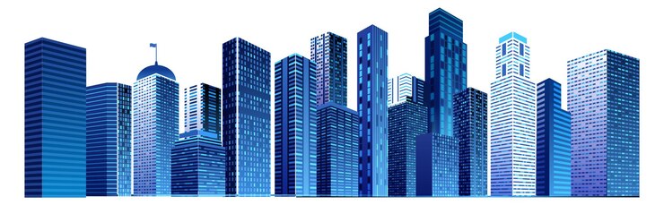 Vettore grattacieli blu via della costruzione della torre alta della città