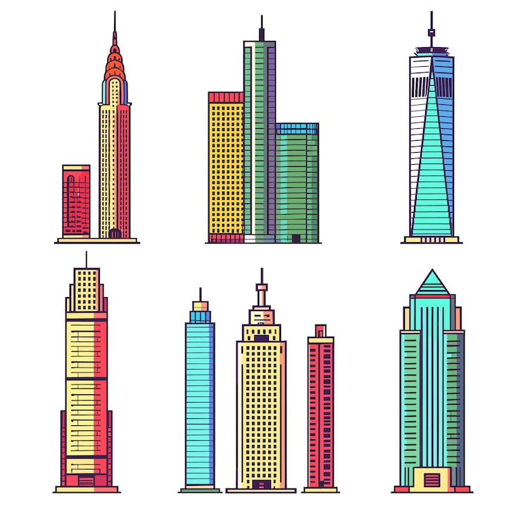 Vettore grattacieli colorati grafica che riflette l'architettura metropolitana edifici alti vibranti
