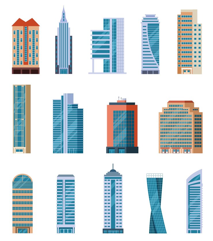 Vettore grattacieli piatti. edifici alti della città moderna. esterno di case residenziali e uffici. insieme di vettore del fumetto isolato blocchi di appartamenti. illustrazione costruzione grattacielo, architettura edificio alto