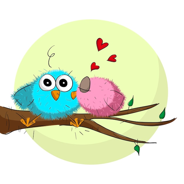 Graziosa illustrazione di 2 uccellini che si baciano su un ramo di un albero con una grande luna Biglietto di San Valentino