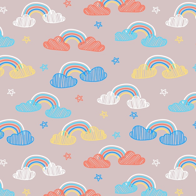 Graziosi modelli senza cuciture di nuvole e arcobaleno disegnati a mano in stile utilizzato per lo sfondo della stampa della carta di copertina del banner in tessuto e della carta da parati decorativa