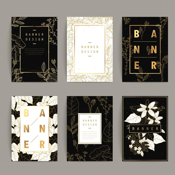Grazioso modello di banner design impostato con contorni floreali