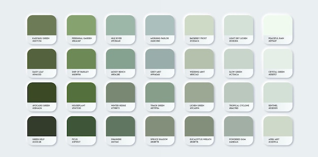 Green Color Guide Palette con nomi di colori Catalogo Esemplari verdi con codici RGB HEX e nomi